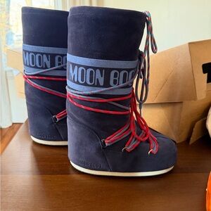 Moon Boot Navy Suede Winter Boots with Red Accent Laces